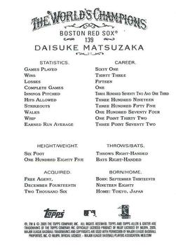 2009 Topps Allen & Ginter #139 Daisuke Matsuzaka Back