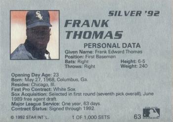 1992 Star Silver #63 Frank Thomas Back