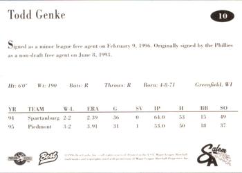 1996 Best Salem Avalanche #10 Todd Genke Back