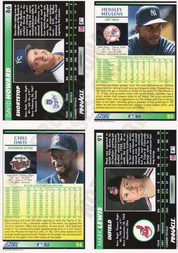 1992 Score/Pinnacle Promo Panels #89 / 86 / 91 / 94 Hensley Meulens / David Howard / Mark Lewis / Chili Davis Back