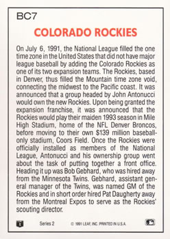 1992 Donruss - Bonus Cards #BC7 Colorado Rockies Back