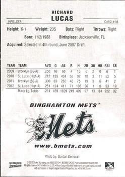 2013 Choice Binghamton Mets #18 Richard Lucas Back