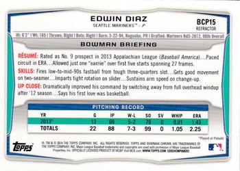 2014 Bowman - Chrome Prospects Blue Wave Refractors #BCP15 Edwin Diaz Back