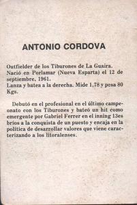 1981-82 Venezuelan Winter League Stickers #187 Antonio Cordova Back