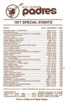 1977 San Diego Padres Schedules #NNO Bob Shirley Back