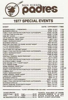 1977 San Diego Padres Schedules #NNO Bobby Tolan Back