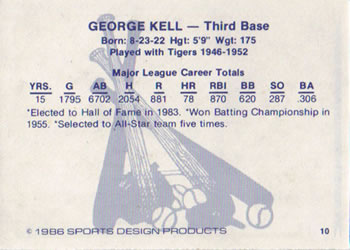 1986 Sports Design Detroit Tigers #10 George Kell Back