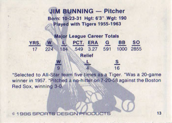 1986 Sports Design Detroit Tigers #13 Jim Bunning Back