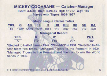 1986 Sports Design Detroit Tigers #5 Mickey Cochrane Back