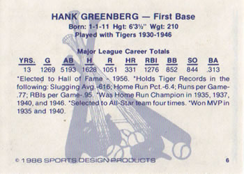 1986 Sports Design Detroit Tigers #6 Hank Greenberg Back