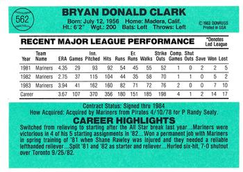 1984 Donruss #562 Bryan Clark Back