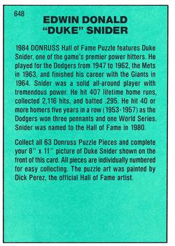 1984 Donruss #648 Duke Snider Back
