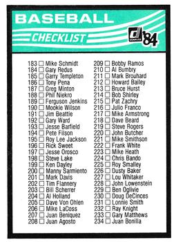 1984 Donruss #2 Checklist: 131-234 Back