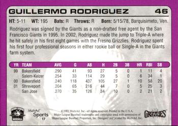 2002 MultiAd Fresno Grizzlies #17 Guillermo Rodriguez Back