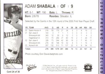 2004 MultiAd Fresno Grizzlies #24 Adam Shabala Back