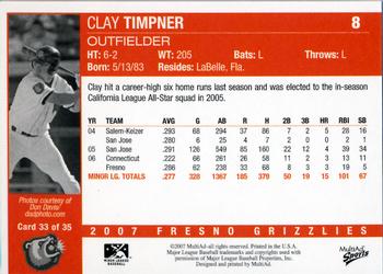 2007 MultiAd Fresno Grizzlies #33 Clay Timpner Back