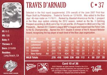 2012 MultiAd Pacific Coast League Top Prospects #10 Travis d’Arnaud Back