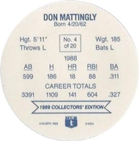 1989 Holsum Schafers Discs #4 Don Mattingly Back
