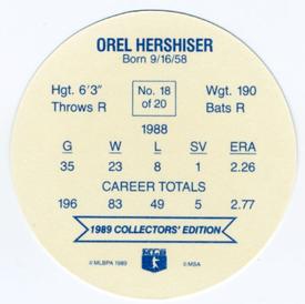 1989 Holsum Schafers Discs #18 Orel Hershiser Back