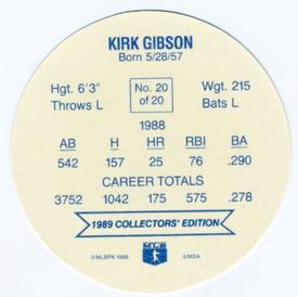 1989 Holsum Schafers Discs #20 Kirk Gibson Back