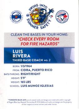 2014 Toronto Blue Jays Fire Safety #NNO Luis Rivera Back