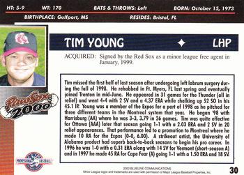 2000 Blueline Q-Cards Pawtucket Red Sox #30 Tim Young Back