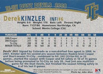 2008 Grandstand Tri-City Dust Devils #13 Derek Kinzler Back