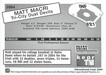 2004 Grandstand Tri-City Dust Devils #11 Matt Macri Back