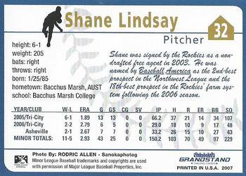 2007 Grandstand Tri-City Dust Devils #20 Shane Lindsay Back