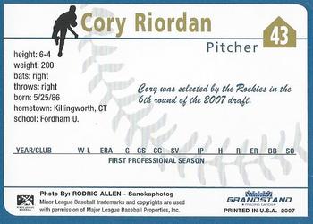 2007 Grandstand Tri-City Dust Devils #31 Cory Riordan Back