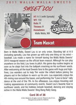 2011 MultiAd Walla Walla Sweets #36 Sweet Lou Back