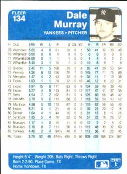 1984 Fleer #134 Dale Murray Back