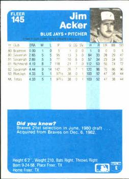 1984 Fleer #145 Jim Acker Back