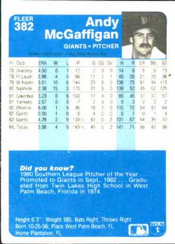 1984 Fleer #382 Andy McGaffigan Back