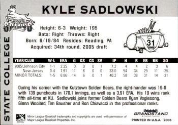 2006 Grandstand State College Spikes #NNO Kyle Sadlowski Back