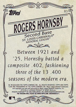 2009 Topps 206 #83 Rogers Hornsby Back