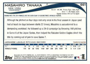 2014 Topps - Rookie Variations #661 Masahiro Tanaka Back