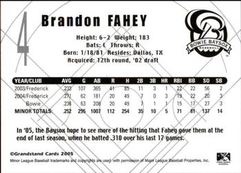 2005 Grandstand Bowie Baysox #NNO Brandon Fahey Back