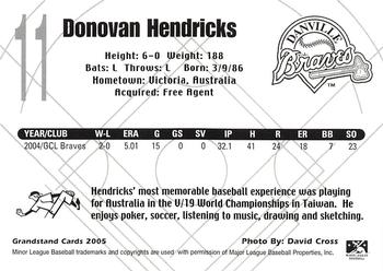 2005 Grandstand Danville Braves #NNO Donovan Hendricks Back