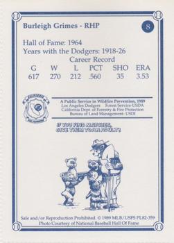 1989 Los Angeles Dodgers Greats Smokey #8 Burleigh Grimes Back
