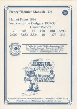 1989 Los Angeles Dodgers Greats Smokey #16 Heinie Manush Back