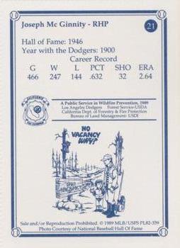 1989 Los Angeles Dodgers Greats Smokey #21 Joseph McGinnity Back