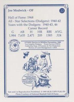 1989 Los Angeles Dodgers Greats Smokey #22 Joe Medwick Back
