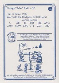 1989 Los Angeles Dodgers Greats Smokey #26 Babe Ruth Back