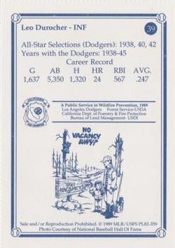 1989 Los Angeles Dodgers Greats Smokey #39 Leo Durocher Back