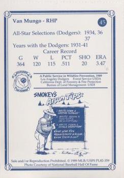 1989 Los Angeles Dodgers Greats Smokey #45 Van Mungo Back