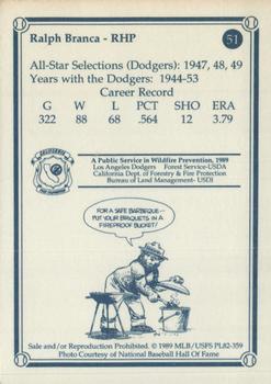 1989 Los Angeles Dodgers Greats Smokey #51 Ralph Branca Back