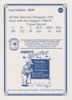 1989 Los Angeles Dodgers Greats Smokey #60 Carl Erskine Back