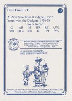 1989 Los Angeles Dodgers Greats Smokey #62 Gino Cimoli Back