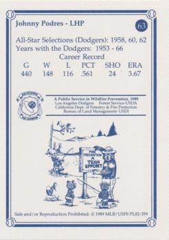 1989 Los Angeles Dodgers Greats Smokey #63 Johnny Podres Back